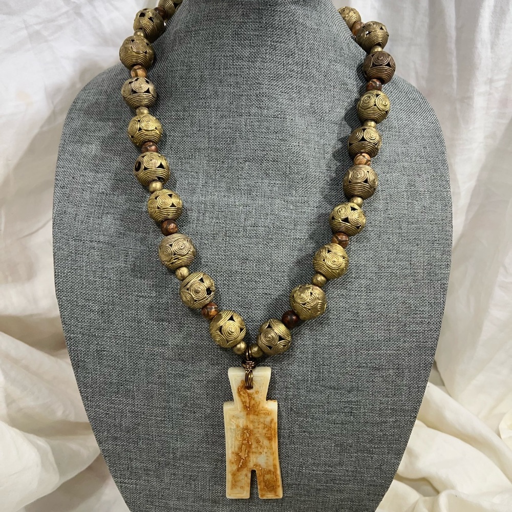 Statement Necklace Chunky Tribal Africa Cameroon Hand-carved Swirl Bras☑️